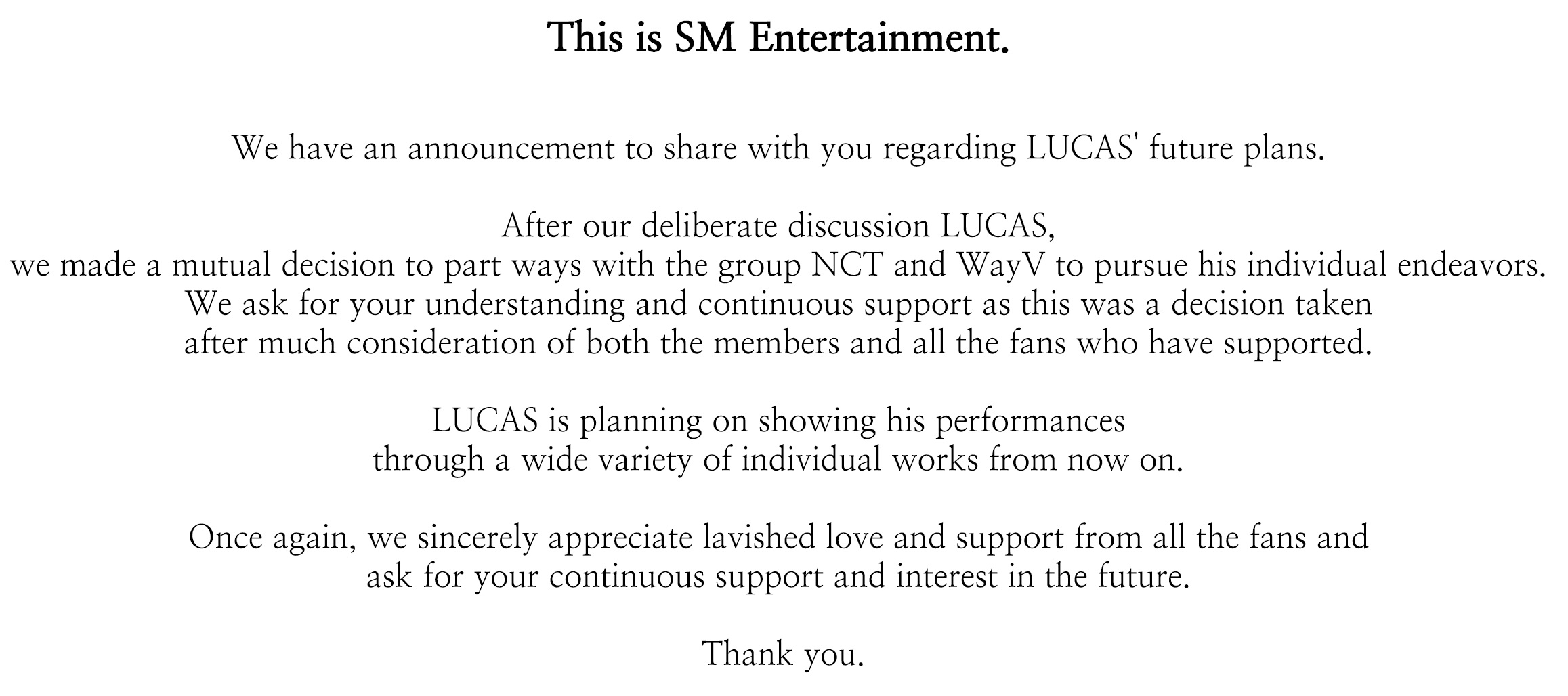 BREAKING] SM Entertainment announces Lucas will be leaving NCT and